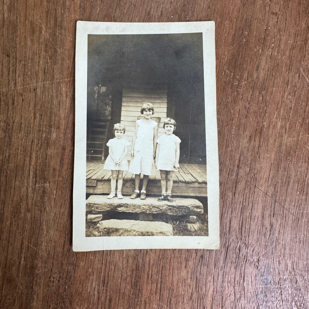 1930s 1940s Vintage Snapshot Photograph of Three Young Girls on Front Porch
